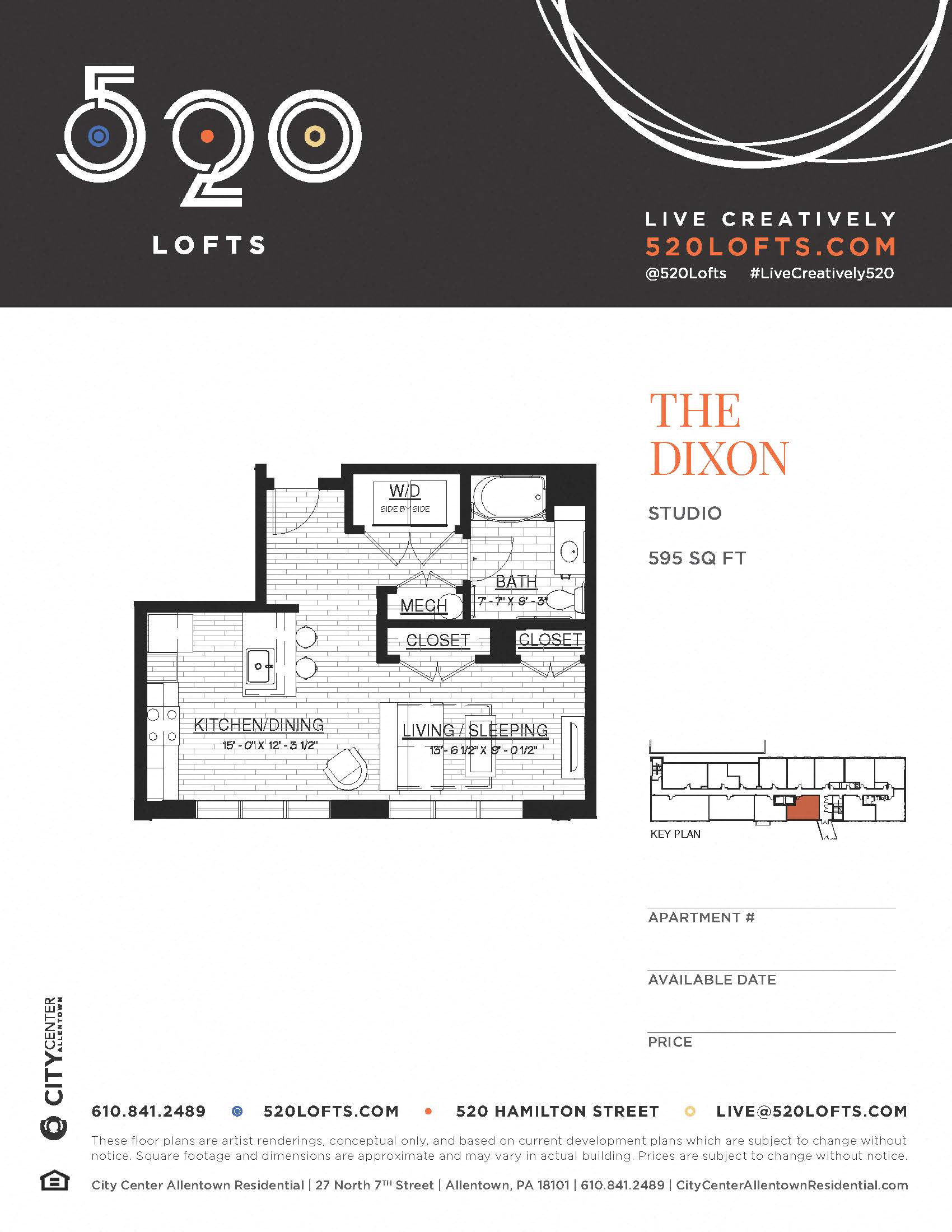 Floor plan for studio, 1 bath, 595 sqft
